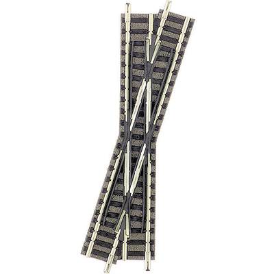 A section of model railway track with a crossing point on a black base plate, suitable for complex rail systems.