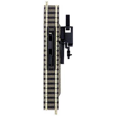 Model of a railway track with a buffer stop installed on the right side. Suitable for model railway layouts.