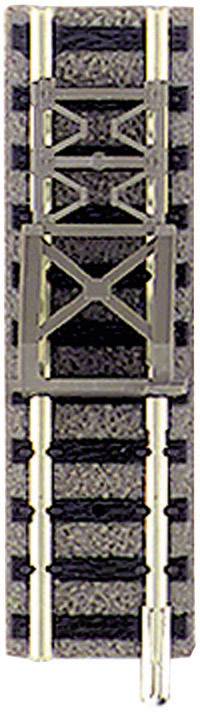 Railway track with a dark grey gravel bed, gold-coloured rails and a silver, cross-shaped bridge element.
