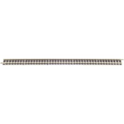 Model railway track segment with two parallel rails and sleepers made of black plastic.