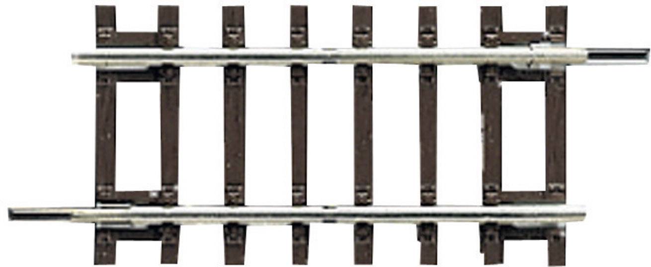 Rails of a model railway system, consisting of two silver rails mounted on brown sleepers.