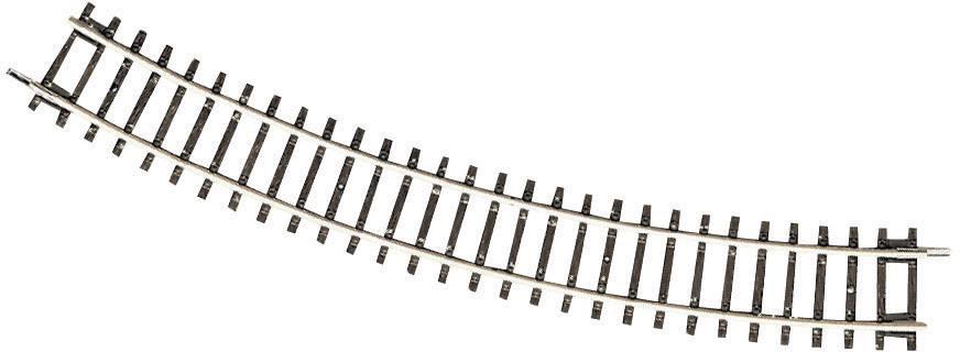 A curved railway track section that is slightly bent to the right. It is used to lay tracks around bends.