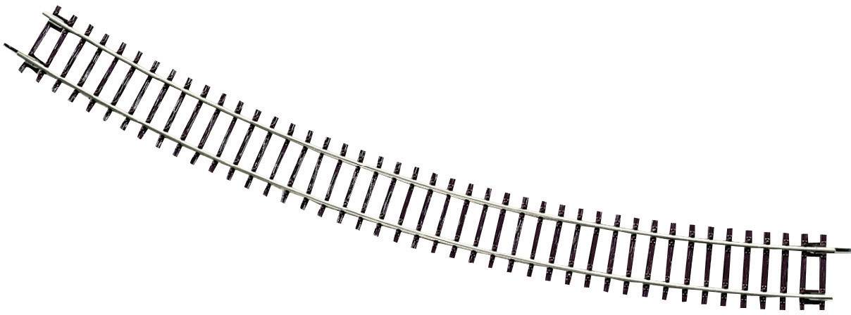 A section of curved model railway track used for guiding trains in model railway layouts.