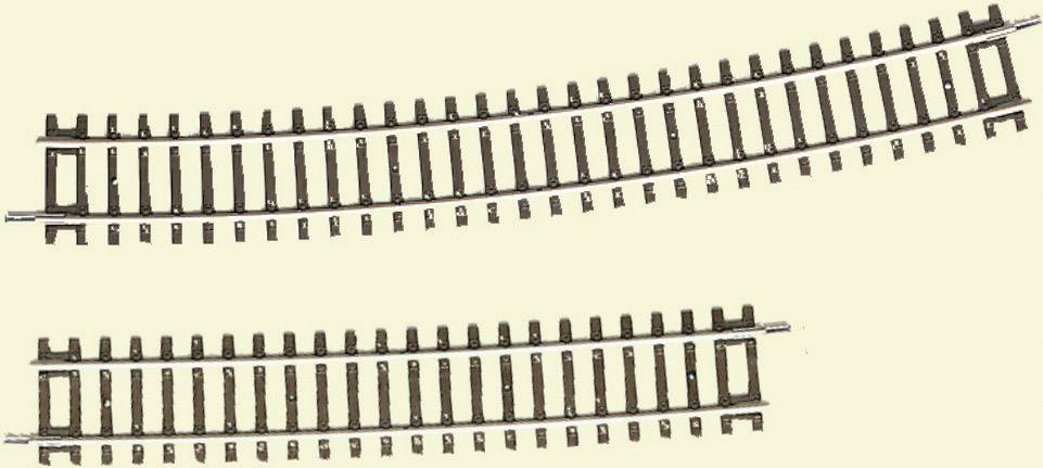 Two model railway tracks, one straight and the other curved, on a light background.