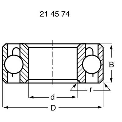 Technical drawing of a ball bearing with markings for dimensions: D, d, B, r. At the top, the sequence of numbers '21 45 74'.