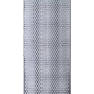 A grey brick wall with a symmetrical pattern of small rectangular bricks.