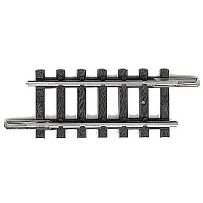A piece of toy railway track made of black plastic with silver rails, showing a short straight section.