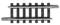 A piece of toy railway track made of black plastic with silver rails, showing a short straight section.