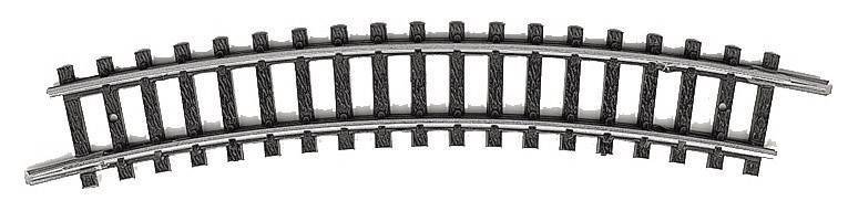 Curved model railway track made of black plastic, slightly arched.