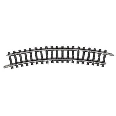 Curved model railway track made of black plastic, slightly arched.