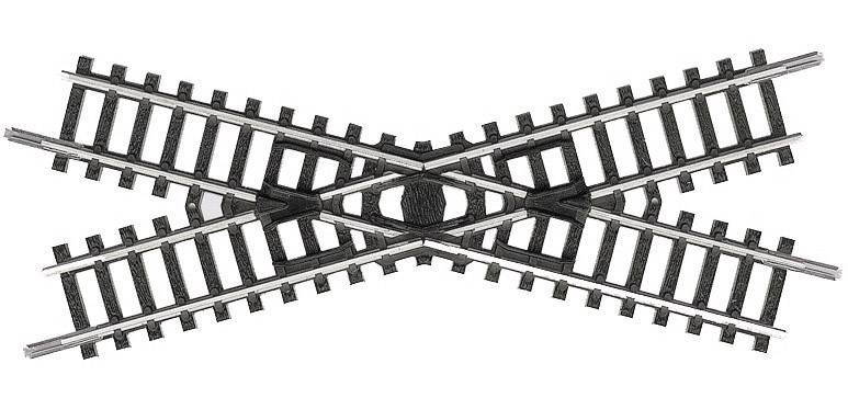 Crossing of Model Railway Tracks: Two rails intersect symmetrically. Suitable for model railway layouts and track circuits.