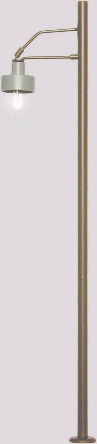 Metal street lamp with a cylindrical lampshade and visible light bulb, standing on a straight post.