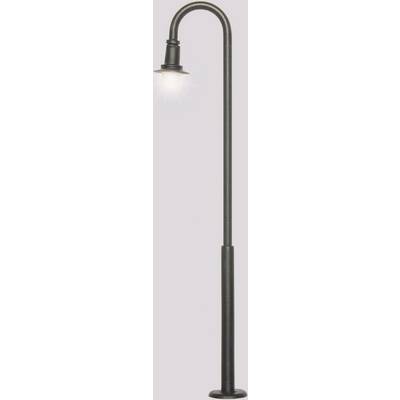 A simple, black street lamp with a curved neck, casting light downwards.
