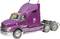 Lila lorry, side view, with large driver's cab and twin rear wheels, on white background.