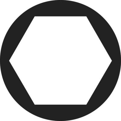A black hexagon is enclosed by a circle on a white background.