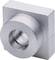 A square metal piece with a central, round hole. The piece appears robust, possibly a machine component.