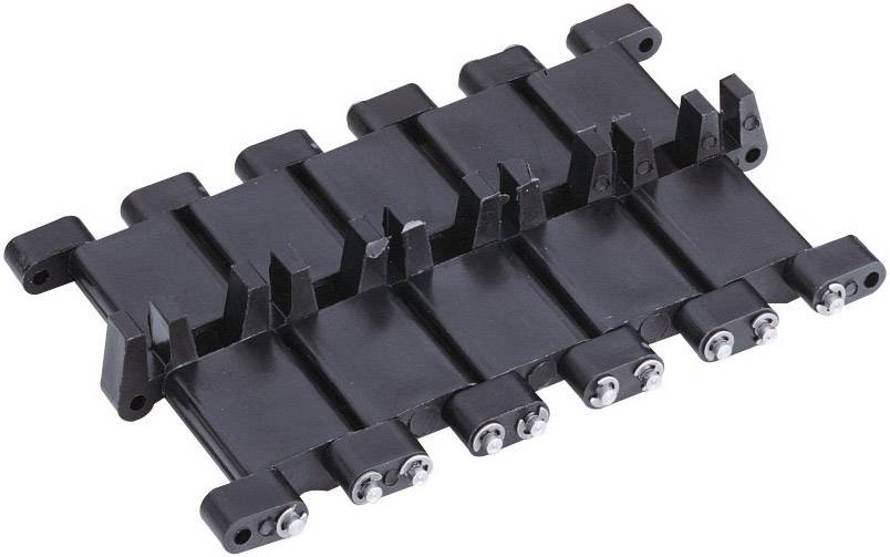 Black plastic component with multiple rollers, possibly part of a conveyor belt or similar industrial application.