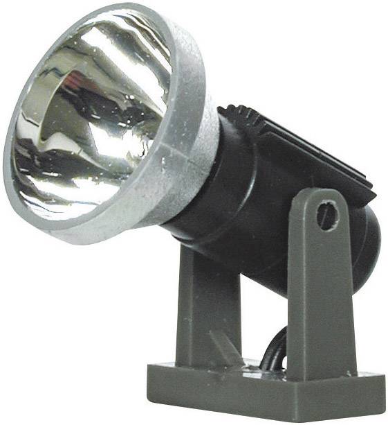 A stationary lamp with a reflective silver shade, mounted on a grey base.