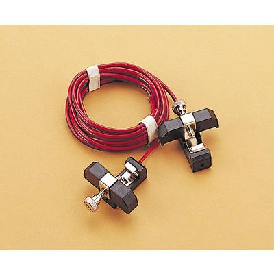 Red cable wire with two black clamps on a beige background. Clamps are metallic, wire spirally bound.