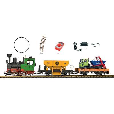 A model railway with a covered steam locomotive, a yellow wagon, and a blue digger on a flatbed wagon. Accessory parts are included.