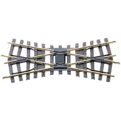 Crossing of a model railway track with six track pieces intersecting at the centre. Suitable for model railway layouts.