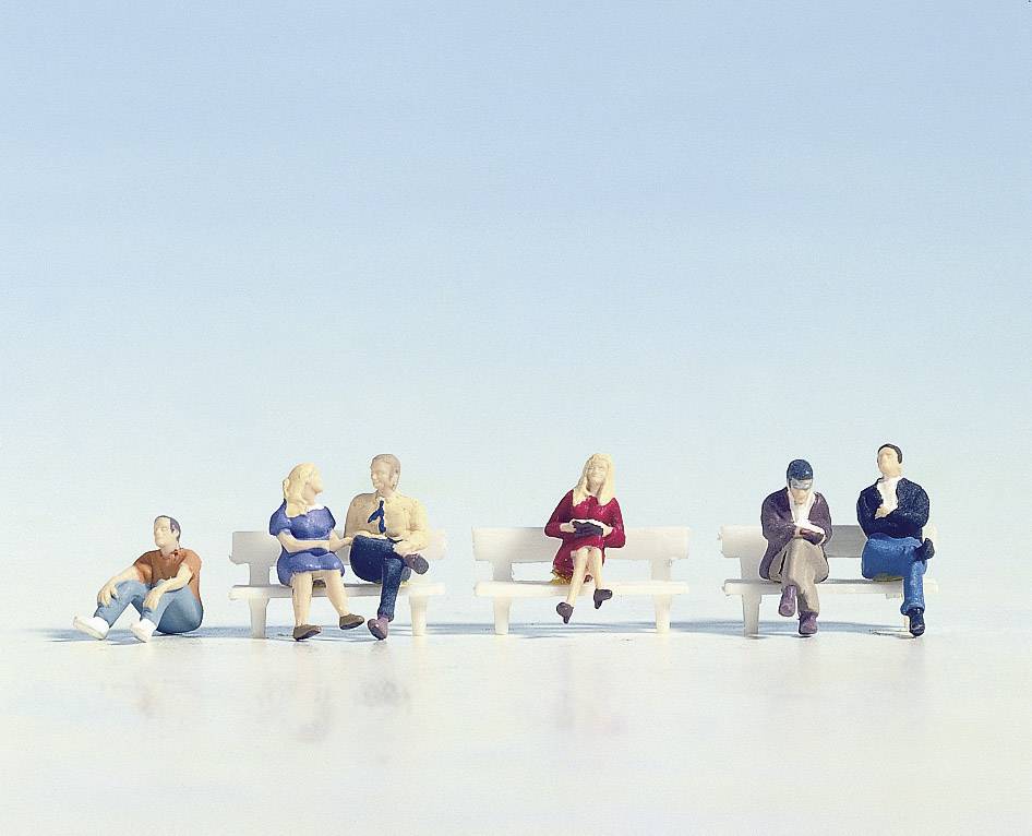 Miniature figures sit on park benches in various poses, against a clear blue sky.