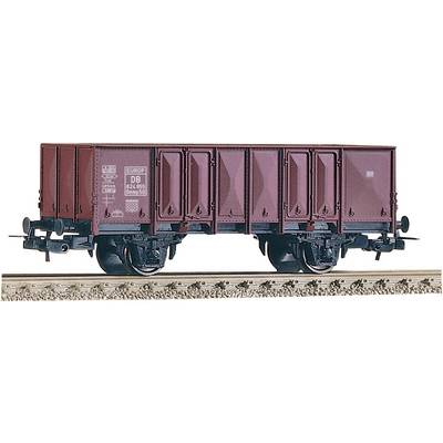 Open freight wagon of Deutsche Bahn on railway tracks, side view. The wagon is brown and has markings on its side.