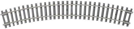 A curved piece of model railway track made of grey metal, describing a gentle curve and forming part of a model railway system.