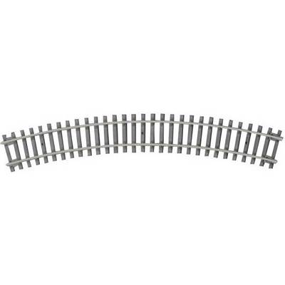 A curved piece of model railway track made of grey metal, describing a gentle curve and forming part of a model railway system.