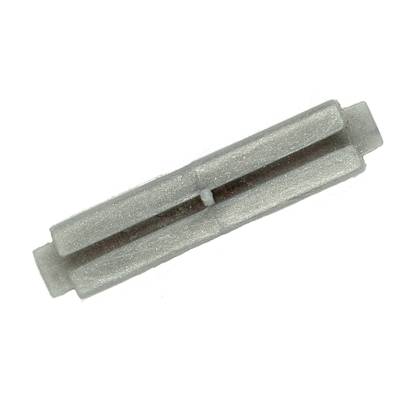 A single, silver, elongated metal pin against a white background.