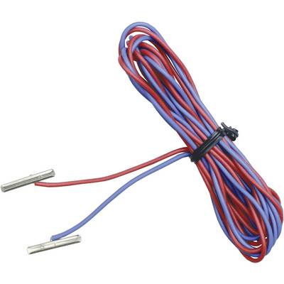 Red and blue isolated cables are bundled together and terminate in silver metal connectors.