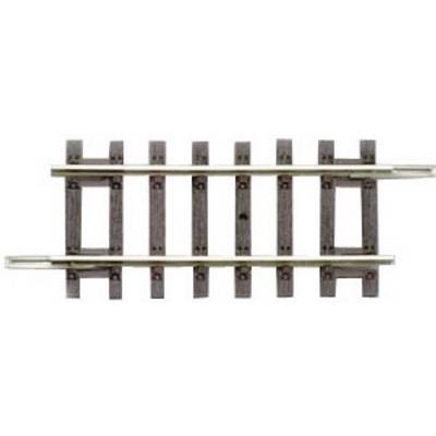 A wooden and metal track section, horizontally aligned, showing two parallel rails on cross sleepers. Suitable for model railways.