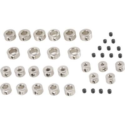 Several metallic round connectors in various sizes and screws arranged in four rows.