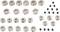Several metallic round connectors in various sizes and screws arranged in four rows.