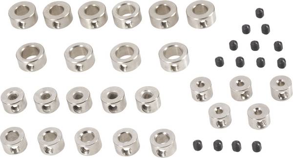 Modelcraft Shaft collar set Compatible with (shafts): 2 mm, 3 mm, 4 mm, 5 mm, 6 mm Outside diameter: 7 mm, 8 mm, 8 mm, 10 mm, 10 mm Thickness: 5 mm 25 Parts