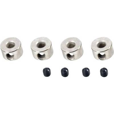 Four silver string clamps and four black screws, used for attaching strings to musical instruments, lie side by side.