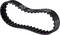 A black timing belt in an elliptical shape with white markings, possibly a product identification or technical specifications.