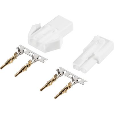 Electrical connector with a white housing and gold-plated metal contacts.
