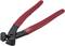 A red pair of pliers with a black handle, used for cutting wire or small metal components.