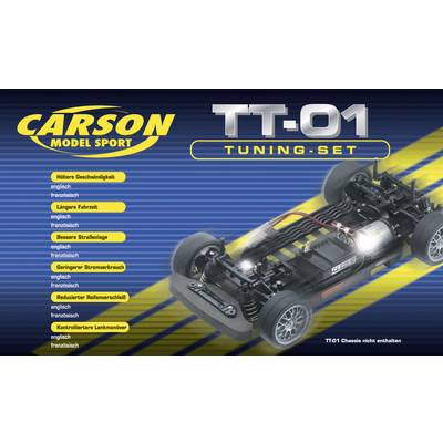 The image depicts the 'Carson Model Sport TT-01 Tuning Set' with a detailed view of the chassis and its technical advantages.