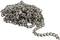A heap of chrome-plated metal chains lies loosely on a white surface.