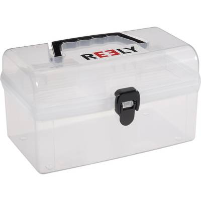 Transparent storage box with black handle and closure, brand logo on top.