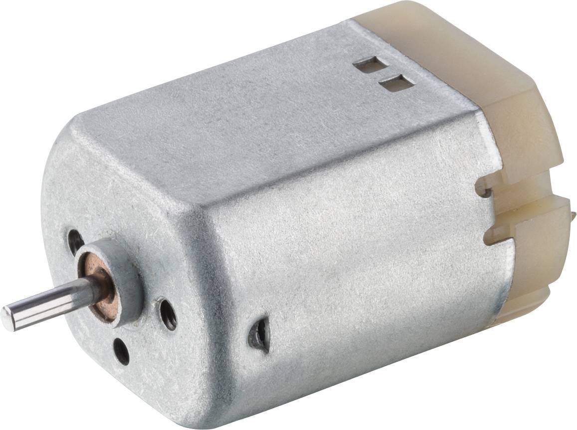 Small direct current electric motor with metal casing and a single shaft. Suitable for applications such as models or small mechanical devices.