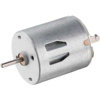 A small, cylindrical electric motor made of metal with a rotating shaft on the left side.
