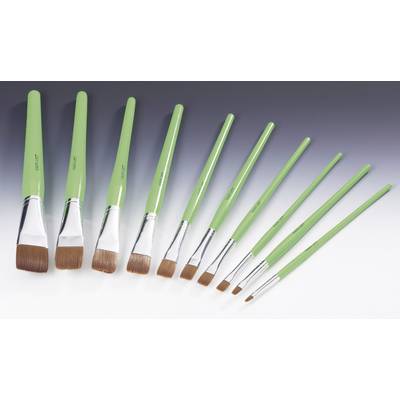 A row of ten green paintbrushes with various wide and narrow bristles, arranged from left to right in ascending size.