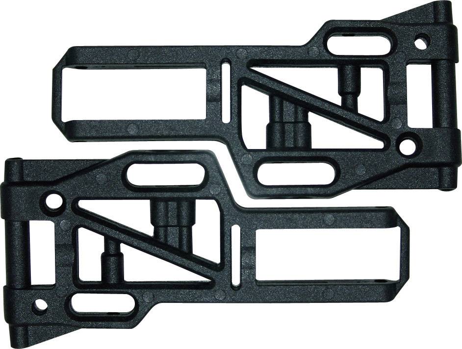 Two black plastic components with a rectangular frame and diagonal supports, potentially parts of a mechanical device or model.