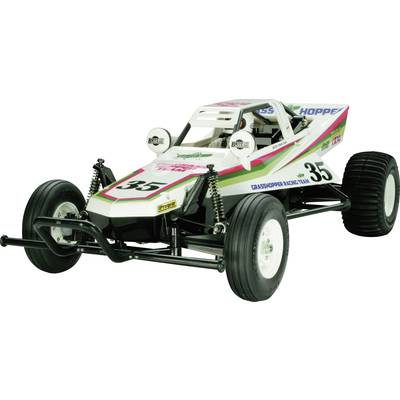 A white model buggy with the number '35' on its side, green and pink stripes, robust tyres and shock absorbers.