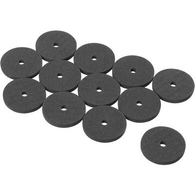 Eleven black foam arches with centre holes are scattered across a white background. They resemble small discs or cushioning pads.