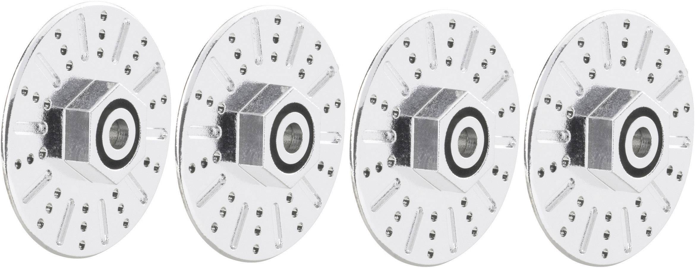 Four silver, round robotic wheels with black bearings, evenly arranged and similar in design.