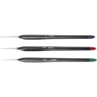 'Three fine brushes with black handles, marked with the numbers 31072, show different colours on the end caps: blue, red and green.'